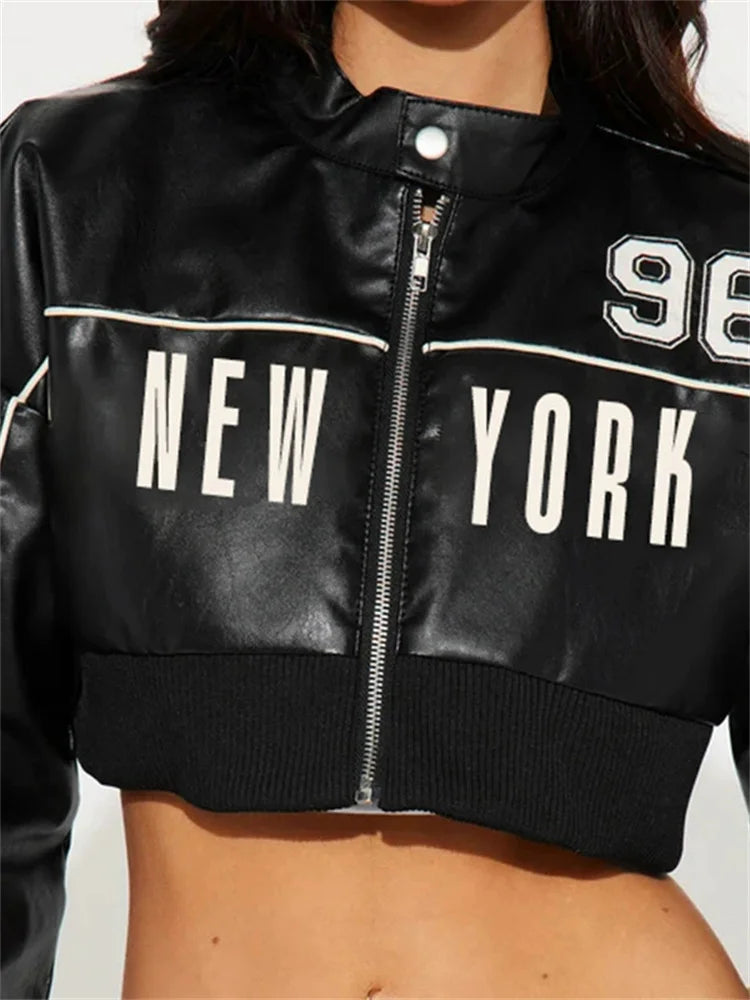 Weird Puss PU Patchwork Women Jacket Letter Print Hipster Button Zip Full Sleeve Trend Cool Street  Spring Outwear Crop Coat