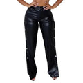 FAGADOER Leather Straight Pants For Women Y2k Streetwear Black Hollow Out Buttons Patchwork Pants Female Bottoms 2025 Spring New