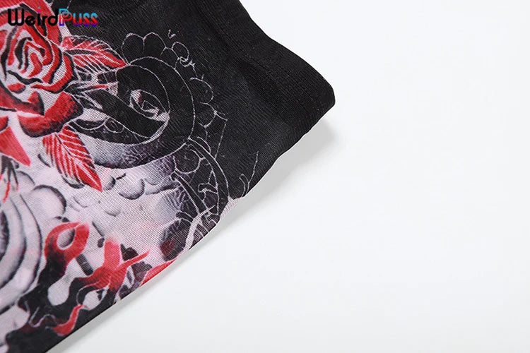 Weird Puss Aesthetic Print Sexy Women 2 Piece Set See Through Midnight Spring Turtleneck Crop Tops+Pants Stretch Skinny Clubwear
