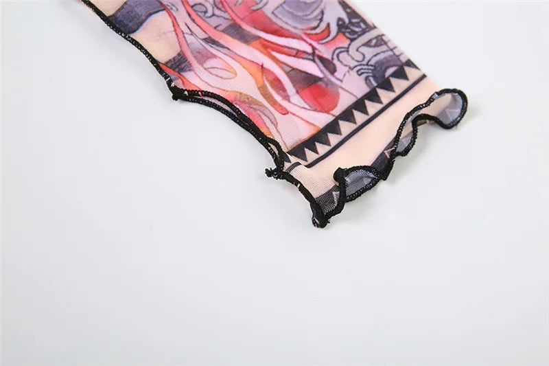 Women 2 Piece Stripped Print Mesh Cropped Shirts Tops Leggings Sets Lace Up Low-cut Top High Waist Pants Party Two Piece Outfits