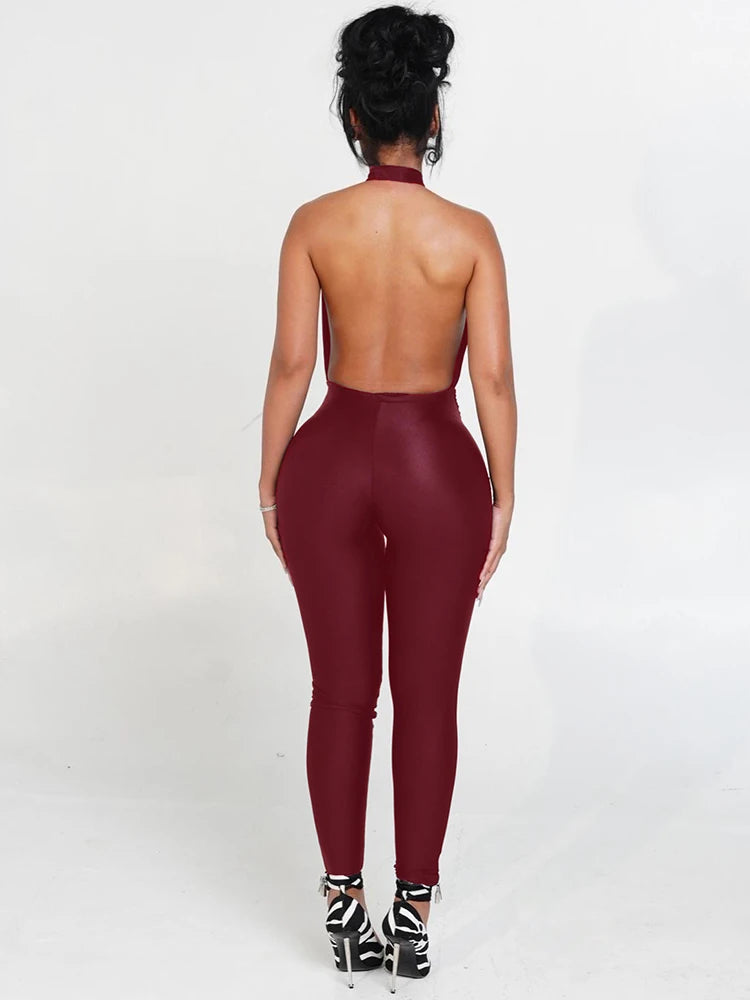 Weird Puss Halter Backless Jumpsuit Woman Sexy Hollow Fit Patchwork Waist Ruched Midnight Activity Workout Streetwear Overalls