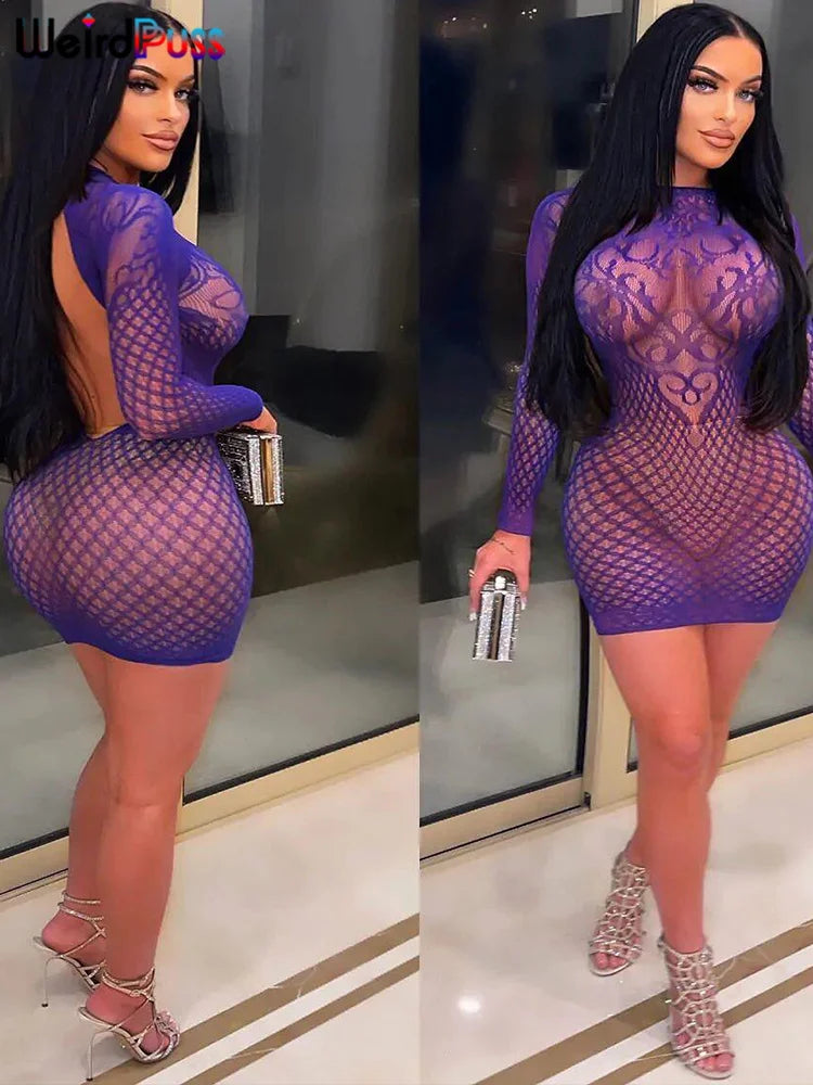 Weird Puss Sexy Women Dress See Through Long Sleeve Prom Coquette Backless Chic Pattern Mini Bodycon Midnight Party Clubwear