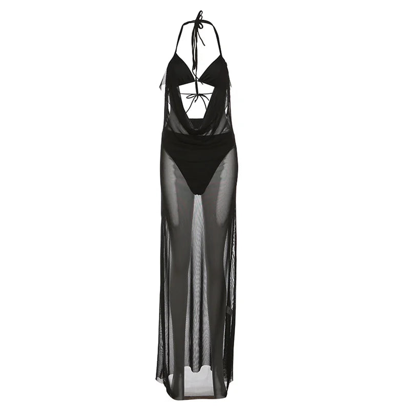 Weird Puss See Through Halter Dress+Panties Women Summer Beach Stylish Fake Two Backless Long Bodycon Skinny Elastic Streetwear
