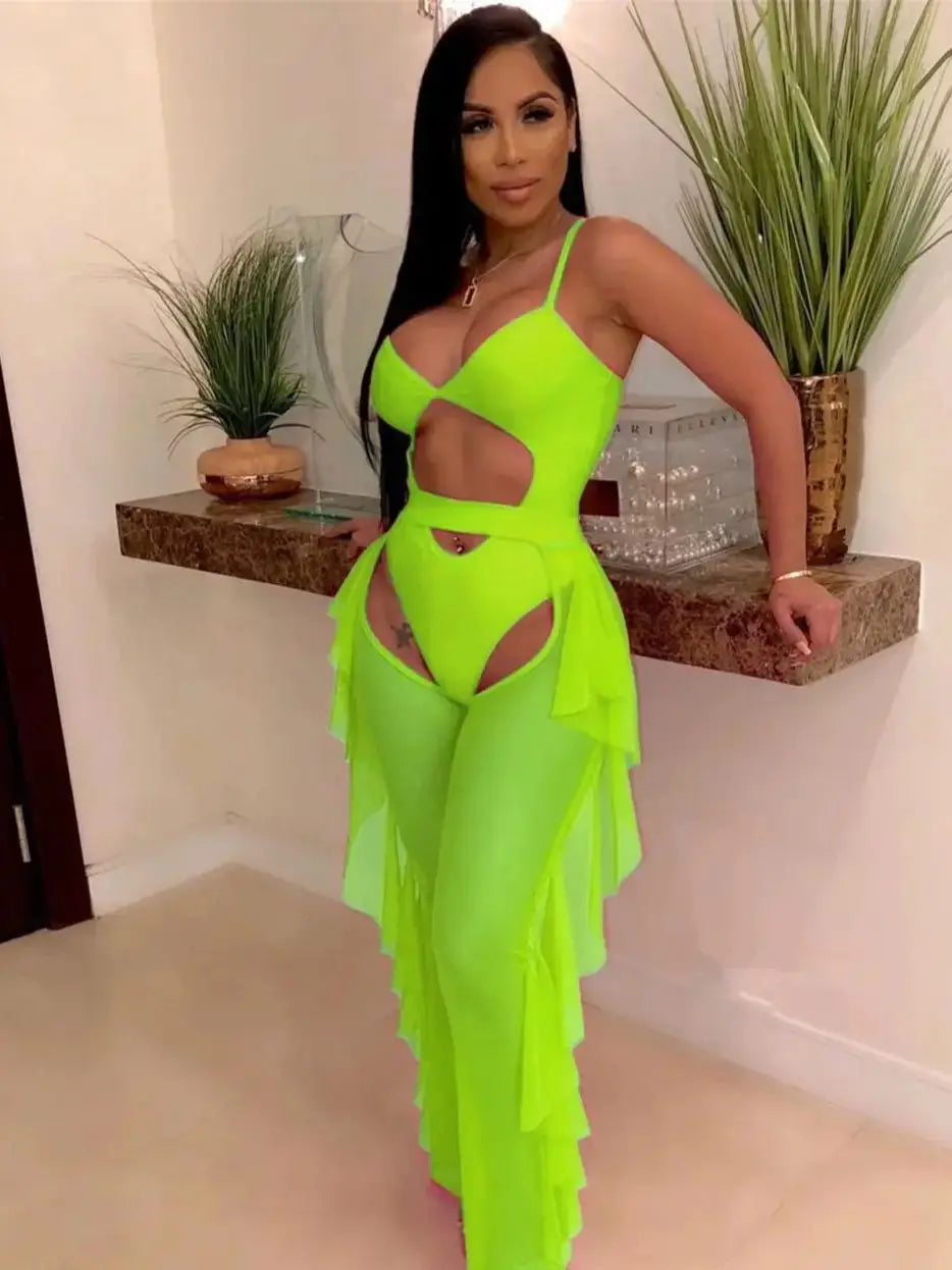 Weird Puss Summer 2 Piece Set Women Sexy Hollow See Through Bodysuit Top+Ruffles Pants Vacation Beach Matching Clubwear Outfits