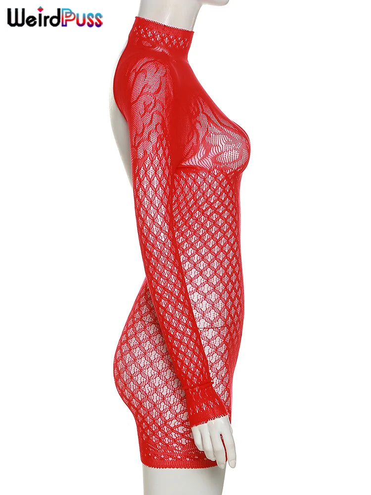 Weird Puss Sexy Women Dress See Through Long Sleeve Prom Coquette Backless Chic Pattern Mini Bodycon Midnight Party Clubwear