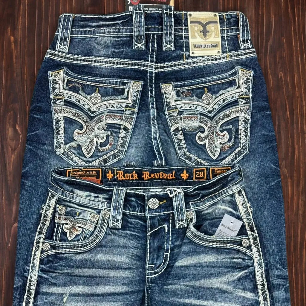 Hip Hop Harajuku Wide Pants Y2K New Gothic Revival Mens Jeans Foliage Bootcut Women Blue Denim Embroidery Pocket Streetwear