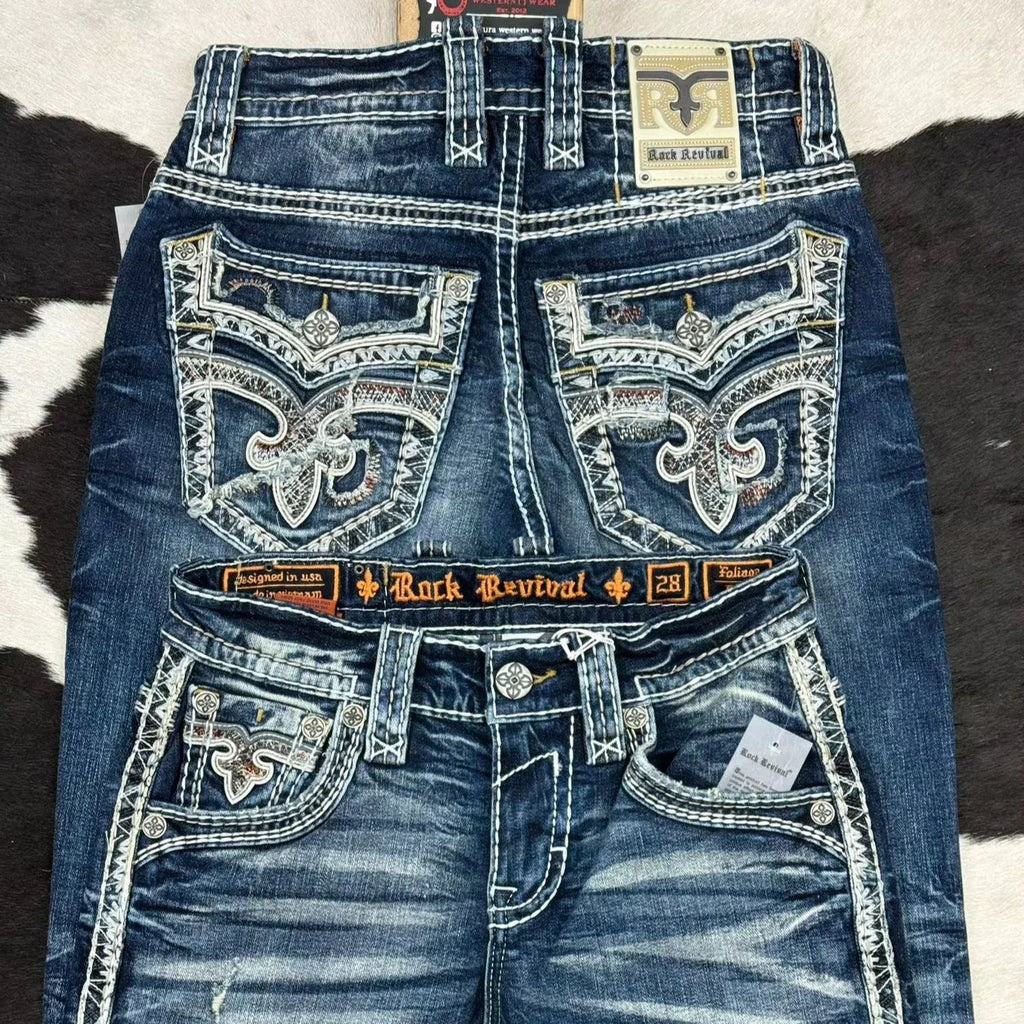 Hip Hop Harajuku Wide Pants Y2K New Gothic Revival Mens Jeans Foliage Bootcut Women Blue Denim Embroidery Pocket Streetwear