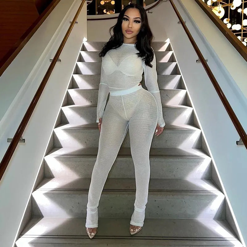 Weird Puss See Through Women 2 Piece Set Thin Sexy Long Sleeve Crop Tops+Leggings Matching Solid Summer Fashion Stretch Clubwear
