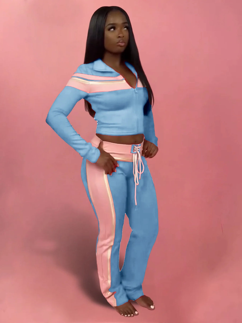 Weird Puss Casual 3 Piece Set Women Patchwork Print Zip Long Sleeve Crop Tops+Bra+Shirring Pants Matching Street Stretch Outfits