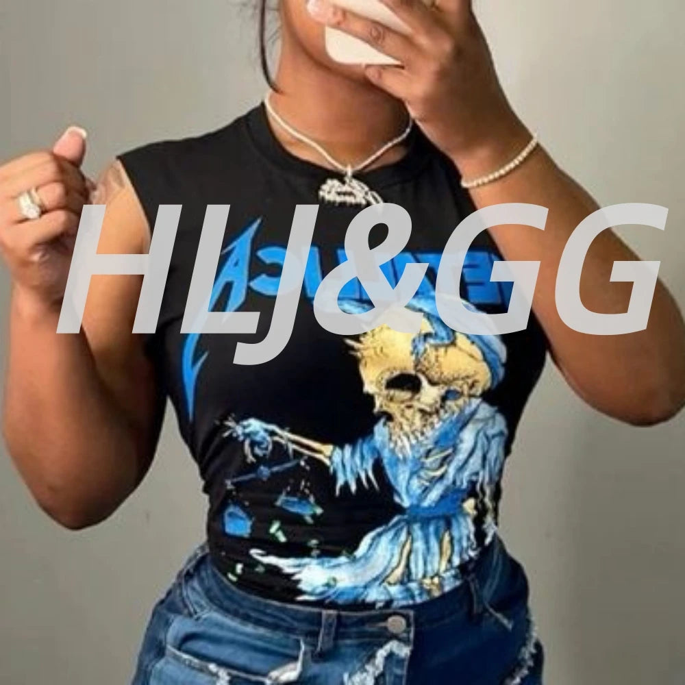 HLJ&GG Fashion Street Letter Print Tshirts Two Piece Sets Women O Neck Sleeveless Top And Shorts Outfits Y2K Female Streetwear