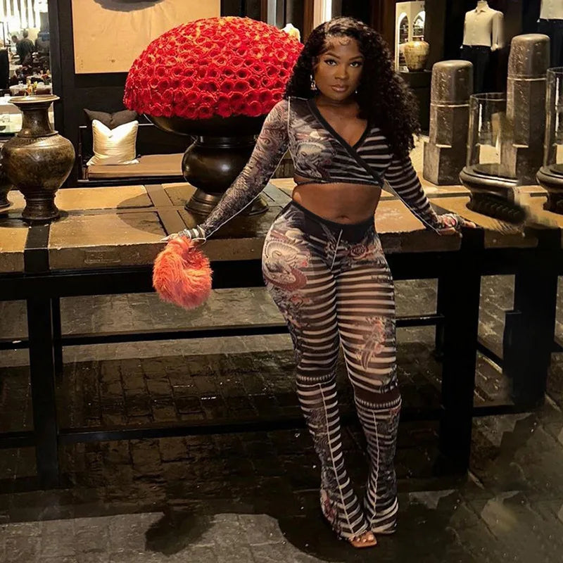 Women 2 Piece Stripped Print Mesh Cropped Shirts Tops Leggings Sets Lace Up Low-cut Top High Waist Pants Party Two Piece Outfits