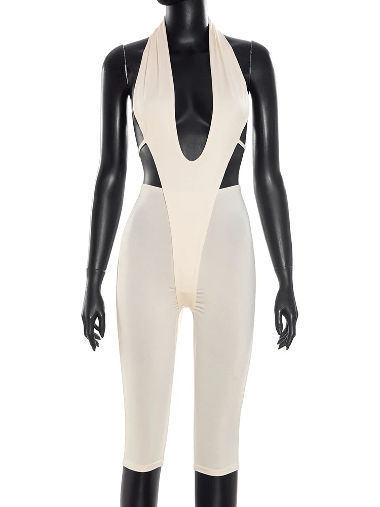 Weird Puss Fake 2 Piece Sexy Romper Women Y2K Sleeveless Backless Patchwork Summer Street Halter Skinny Hollow Activity Playsuit