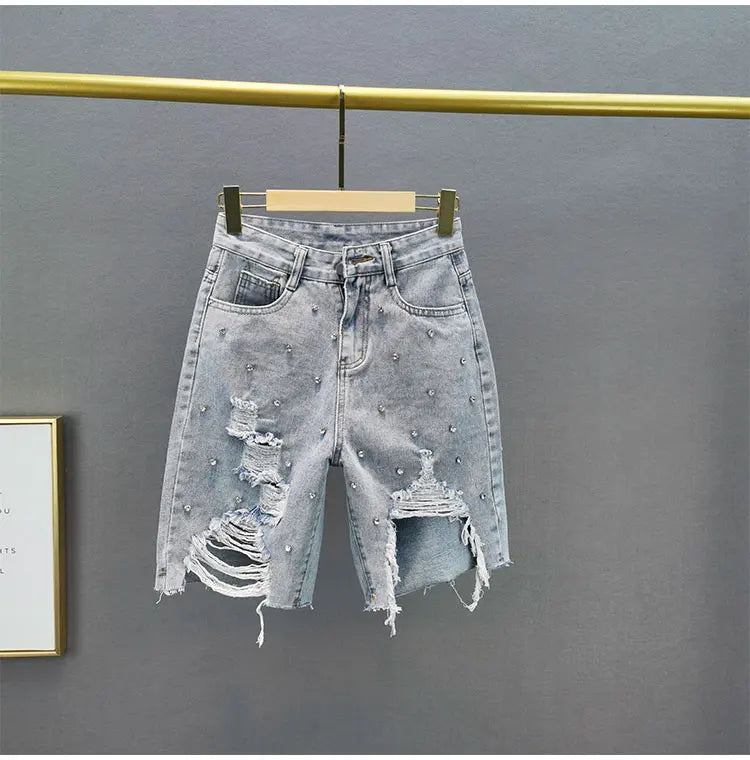 European ripped denim jeans 2025 summer new high-waist slim and heavy industry loose slimming five-point jeans