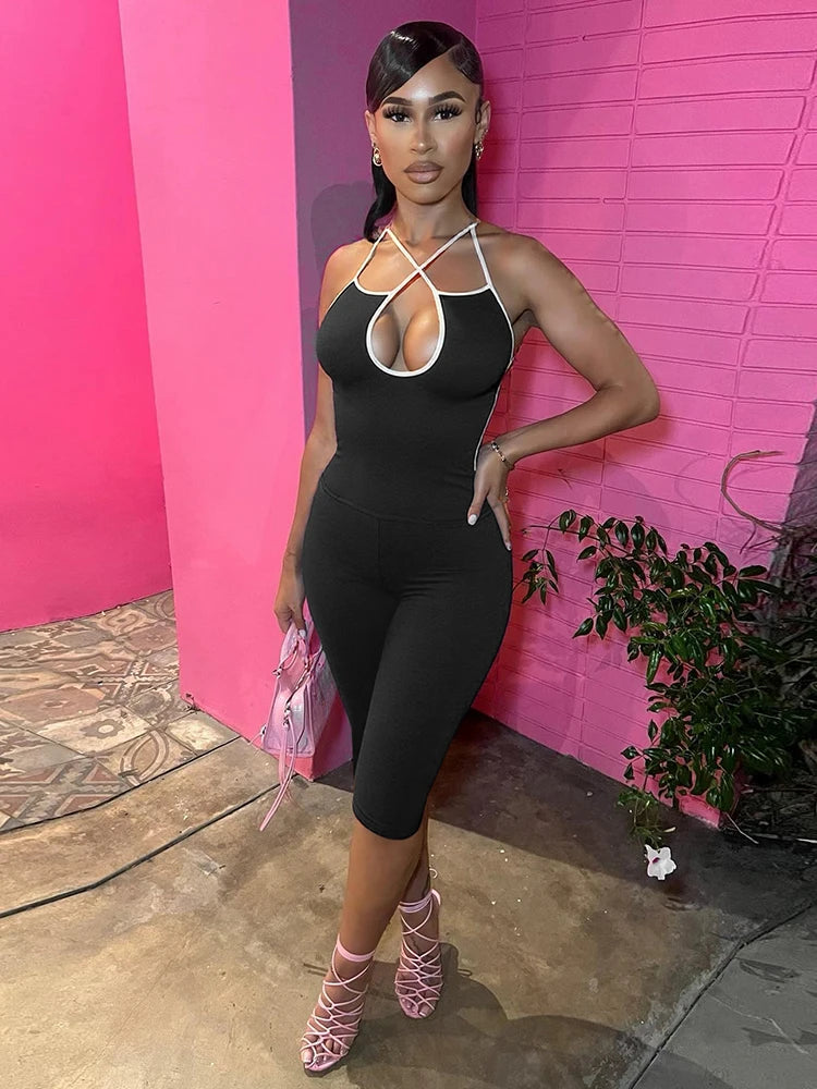 Weird Puss Casual Tracksuit 2 Piece Set Women Contrast Lace-Up Halter Backless Camisole+Stretch Pants Simple Fashion Outfits