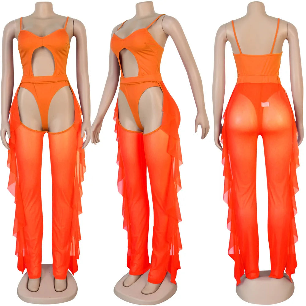 Weird Puss Summer 2 Piece Set Women Sexy Hollow See Through Bodysuit Top+Ruffles Pants Vacation Beach Matching Clubwear Outfits