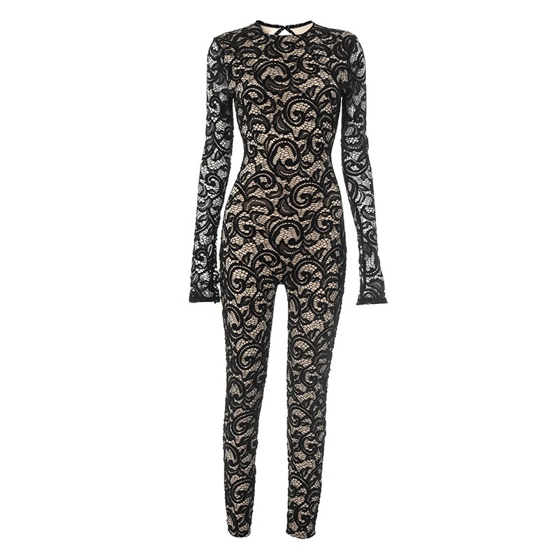 CUTENOVA Women'S Sexy Round Neck Pullover Lace Patchwork Lining Button Backless Long Sleeve See Through Slim Bundle Leg Jumpsuit