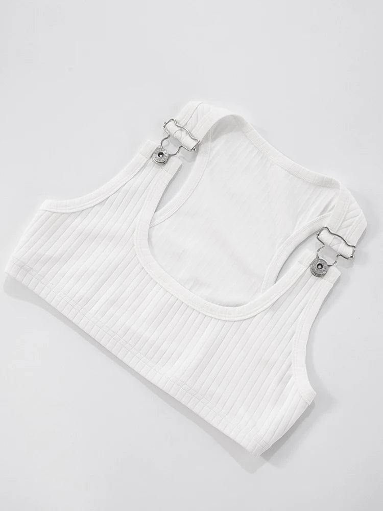 Weird Puss Metal Buckle Decoration 2 Piece Set Women Square Collar Tank Tops+Long Ribbon Shorts Hottie High Street Style Outfits