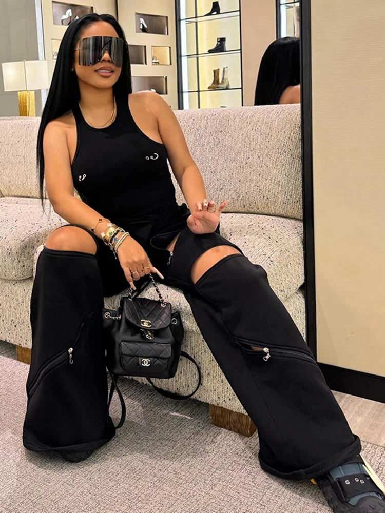 Weird Puss Zip Patchwork Pants Women Casual Sporty Solid Chic Devise Irregular Spring Fashion Basic Hipster Wide-Leg Trousers