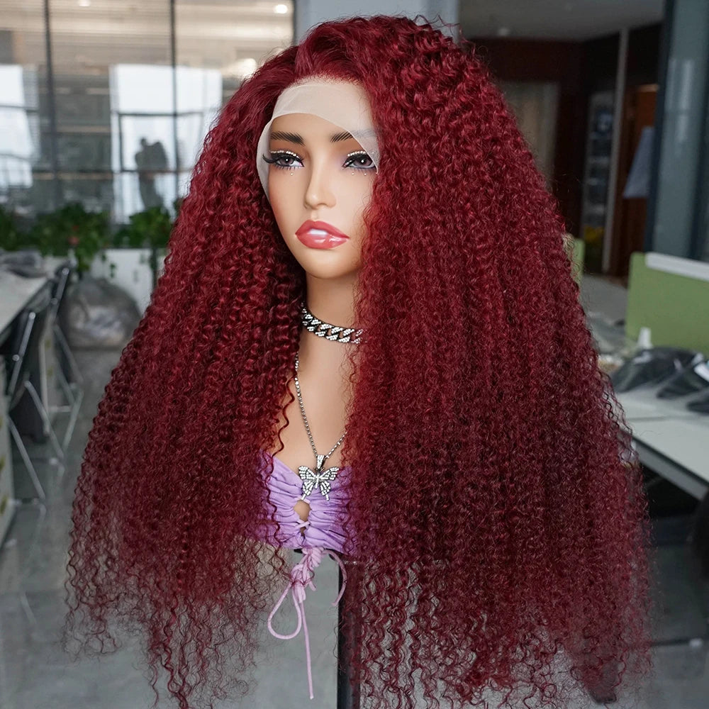 300% Density Kinky Curly 99J Burgundy Colored Human Hair Wig Pre-plucked Transparent Lace Front Wigs Baby Hair Color Wigs
