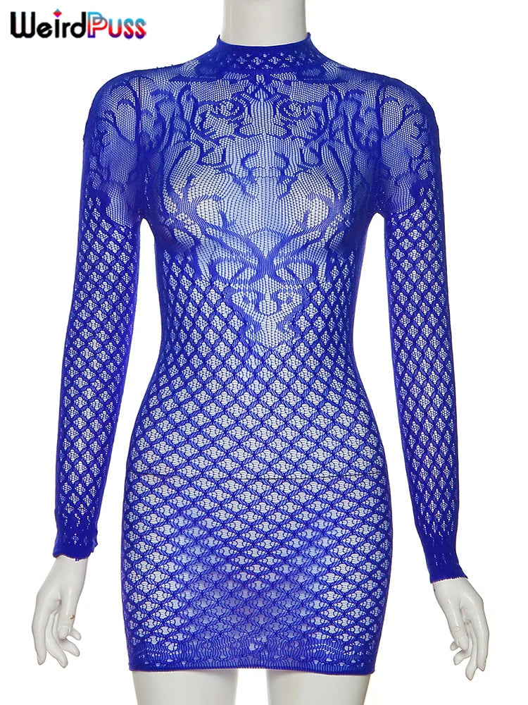 Weird Puss Sexy Women Dress See Through Long Sleeve Prom Coquette Backless Chic Pattern Mini Bodycon Midnight Party Clubwear