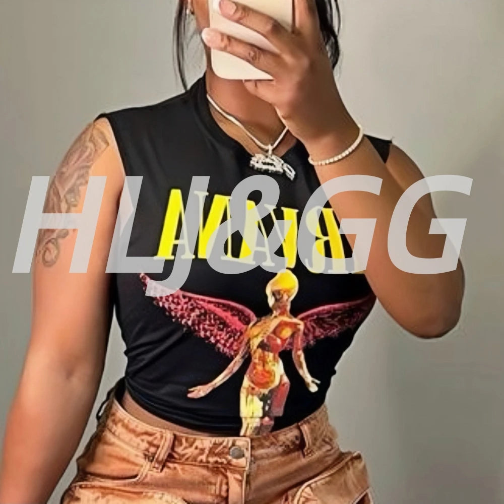 HLJ&GG Fashion Street Letter Print Tshirts Two Piece Sets Women O Neck Sleeveless Top And Shorts Outfits Y2K Female Streetwear