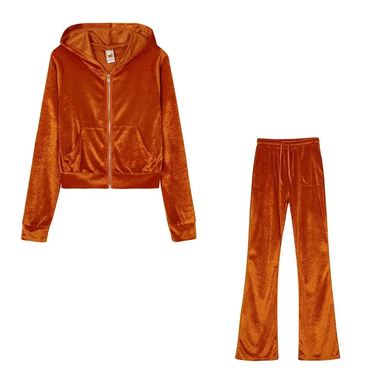 Fashion Trend Gold Velvet Pocket Hoodie Zipper Sweater Wide Leg Pants Two-piece Women's Suit