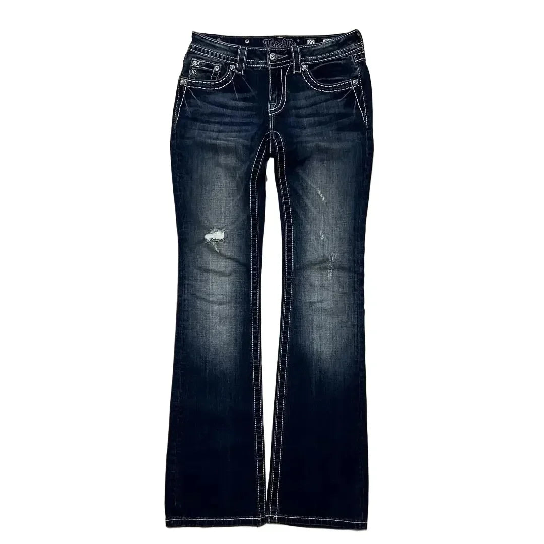 Hip Hop Harajuku Wide Pants Y2K New Gothic Revival Mens Jeans Foliage Bootcut Women Blue Denim Embroidery Pocket Streetwear