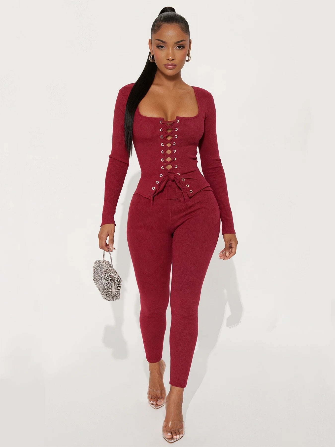 Weird Puss Hottie Tracksuits 2-Piece Set Women Shirring Square Collar Crop Top+Pants Matching Simple Sporty Stretch Slim Outfits