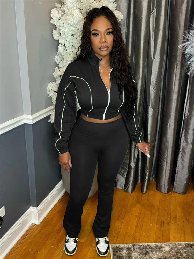 Weird Puss Casual 2 Piece Set Women Tracksuit Patchwork Full Sleeve Zip Elastic Hem Crop Jacket+Flared Pants Sporty Streetwear