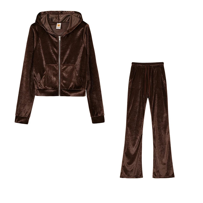 Fashion Trend Gold Velvet Pocket Hoodie Zipper Sweater Wide Leg Pants Two-piece Women's Suit