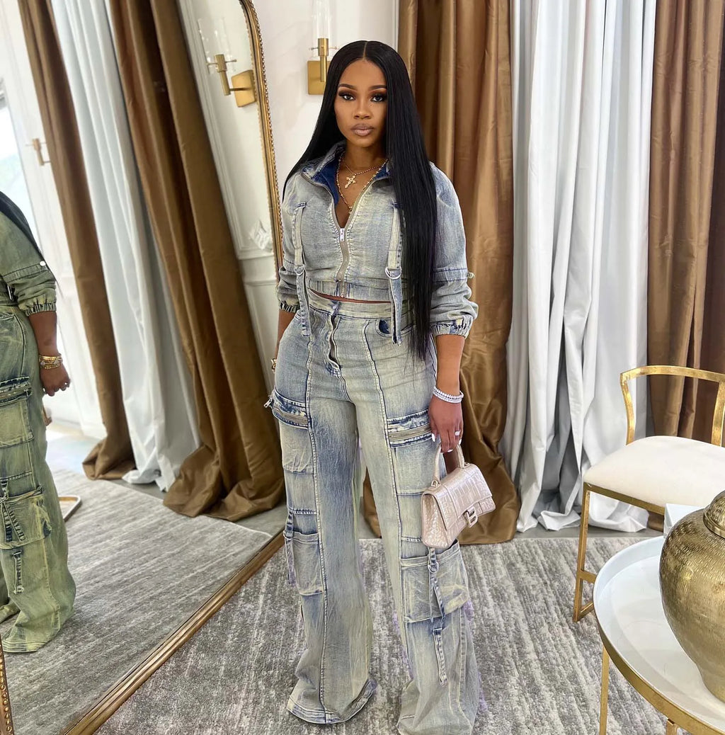 Denim Cropped Jackets 2 Piece Pant Set Sexy Outfits Y2K Streetwear 2024 Women Fall Winter Clothes Denim Jean Pant Two Piece Sets