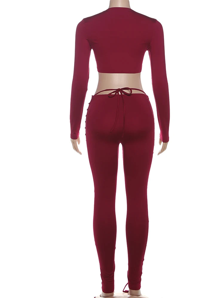 Weird Puss Sexy Women 2 Piece Set Casual Tracksuit Full Fall Crop Tops+Shirring Irregular Pants Stretch Streetwear Skinny Suits