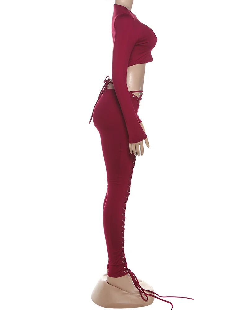 Weird Puss Sexy Women 2 Piece Set Casual Tracksuit Full Fall Crop Tops+Shirring Irregular Pants Stretch Streetwear Skinny Suits