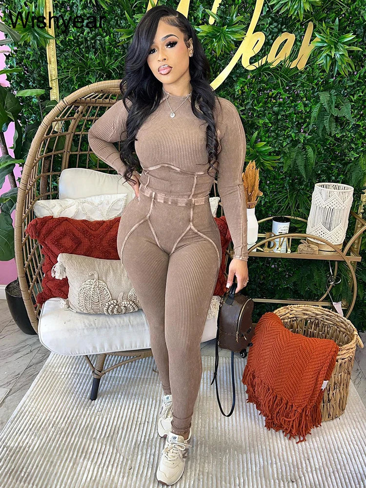 Fitness Blue Knitted Ribbed Street Jogging Tracksuits Women's Long Sleeve Crop Tops and Pants Two 2 Piece Sets Birthday Outfits