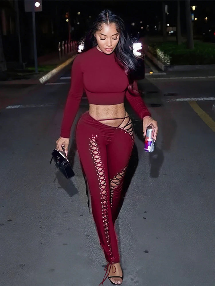 Weird Puss Sexy Women 2 Piece Set Casual Tracksuit Full Fall Crop Tops+Shirring Irregular Pants Stretch Streetwear Skinny Suits
