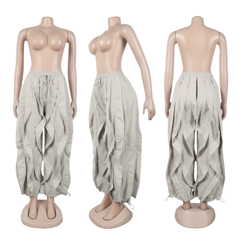FAGADOER Casual Ruched Patchwork Lantern Sleeve Pants Women High Waist Drawstring Patchwork Pants Female Streetwear Trousers New
