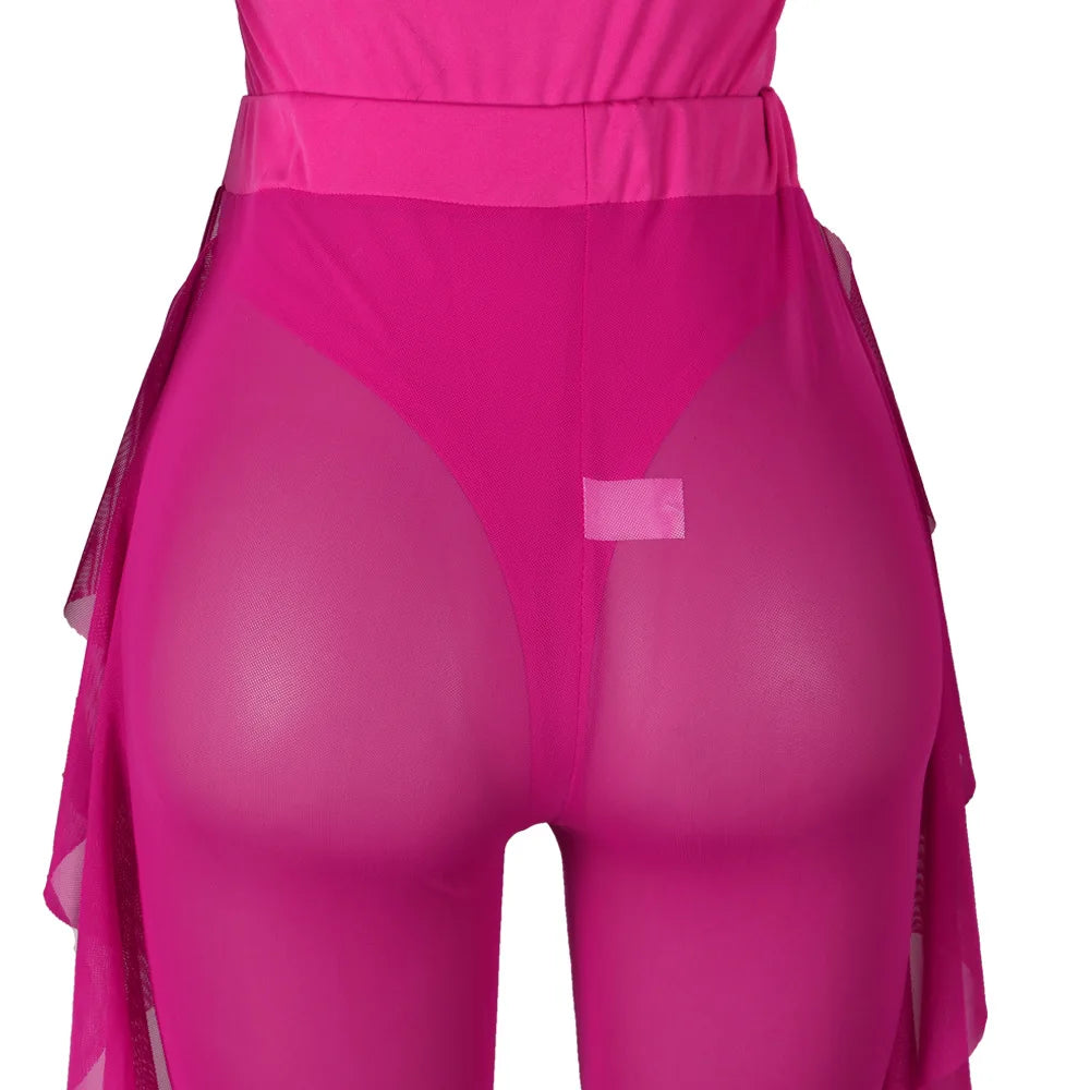Weird Puss Summer 2 Piece Set Women Sexy Hollow See Through Bodysuit Top+Ruffles Pants Vacation Beach Matching Clubwear Outfits