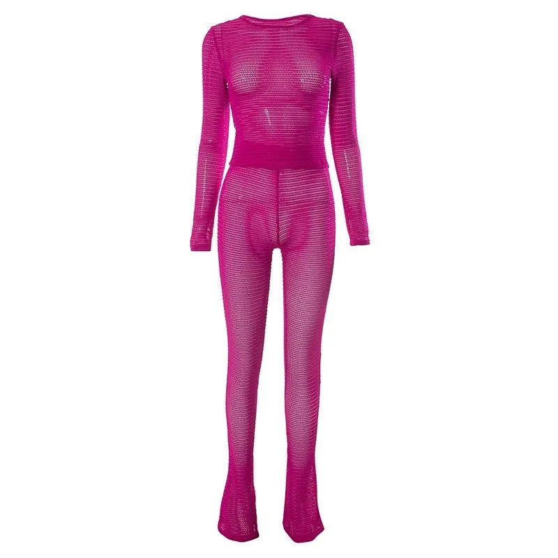 Weird Puss See Through Women 2 Piece Set Thin Sexy Long Sleeve Crop Tops+Leggings Matching Solid Summer Fashion Stretch Clubwear