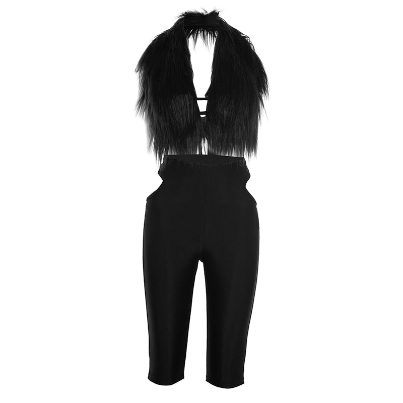 Weird Puss Furry Sexy 2 Piece Set Women Tracksuit Backless Tank Tops+High Waist Hollow Bike Shorts Nightclub Matching Outfits