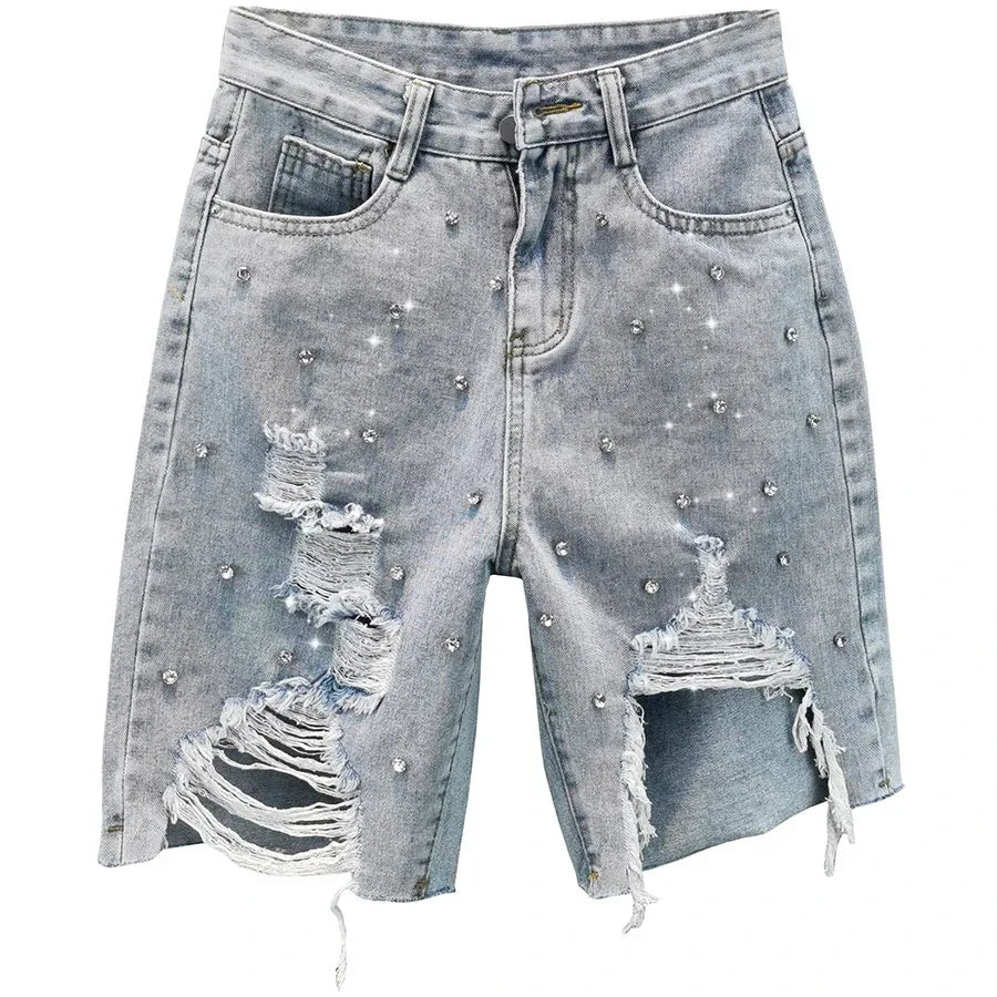 European ripped denim jeans 2025 summer new high-waist slim and heavy industry loose slimming five-point jeans