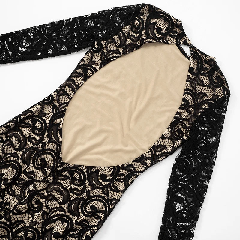 CUTENOVA Women'S Sexy Round Neck Pullover Lace Patchwork Lining Button Backless Long Sleeve See Through Slim Bundle Leg Jumpsuit