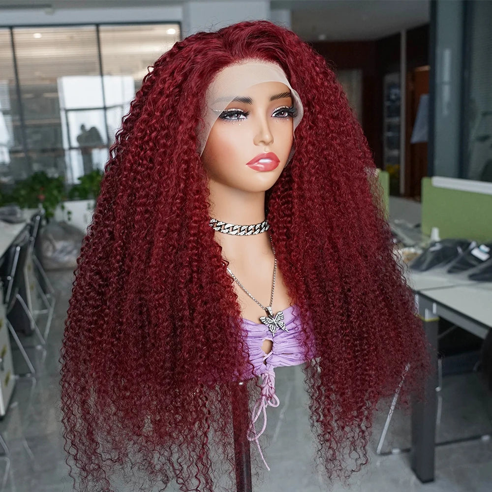 300% Density Kinky Curly 99J Burgundy Colored Human Hair Wig Pre-plucked Transparent Lace Front Wigs Baby Hair Color Wigs