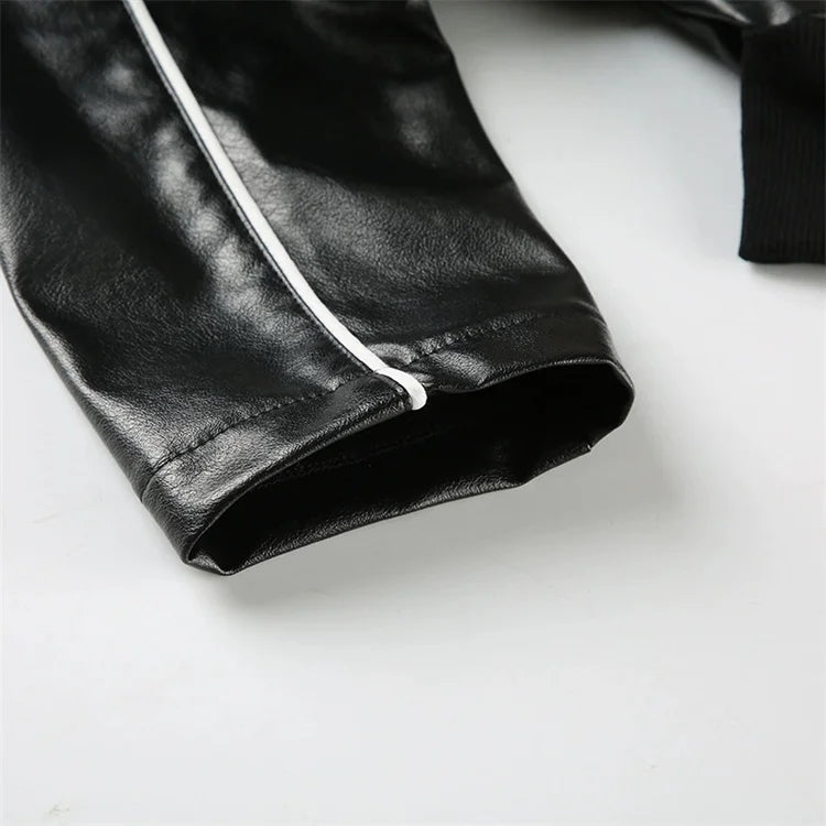 Weird Puss PU Patchwork Women Jacket Letter Print Hipster Button Zip Full Sleeve Trend Cool Street  Spring Outwear Crop Coat