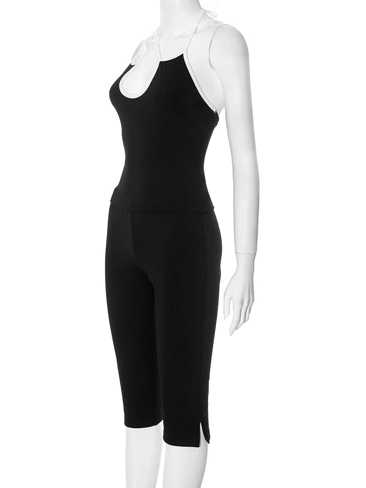 Weird Puss Casual Tracksuit 2 Piece Set Women Contrast Lace-Up Halter Backless Camisole+Stretch Pants Simple Fashion Outfits