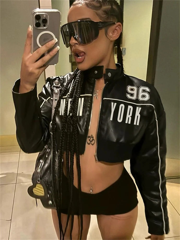 Weird Puss PU Patchwork Women Jacket Letter Print Hipster Button Zip Full Sleeve Trend Cool Street  Spring Outwear Crop Coat