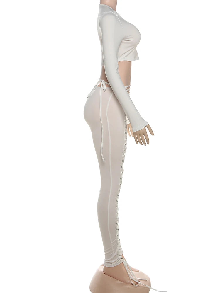 Weird Puss Sexy Women 2 Piece Set Casual Tracksuit Full Fall Crop Tops+Shirring Irregular Pants Stretch Streetwear Skinny Suits