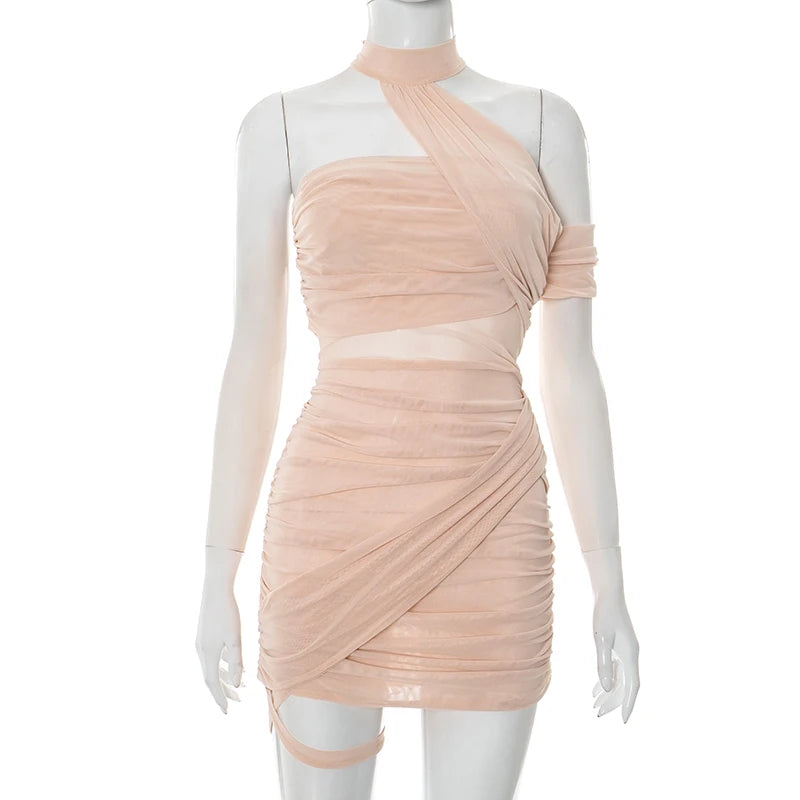 CUTENOVA Women'S Solid Color Mesh Patchwork Hanging Neck Backless Strapless Asymmetric Shrinking Pleated Package Hip Short Dress