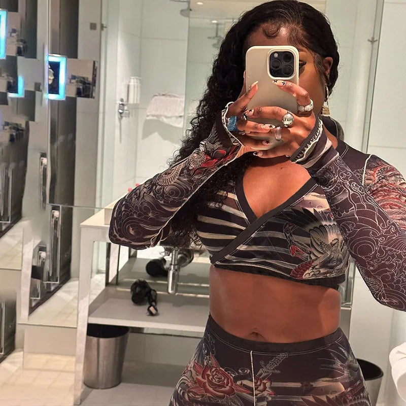 Women 2 Piece Stripped Print Mesh Cropped Shirts Tops Leggings Sets Lace Up Low-cut Top High Waist Pants Party Two Piece Outfits