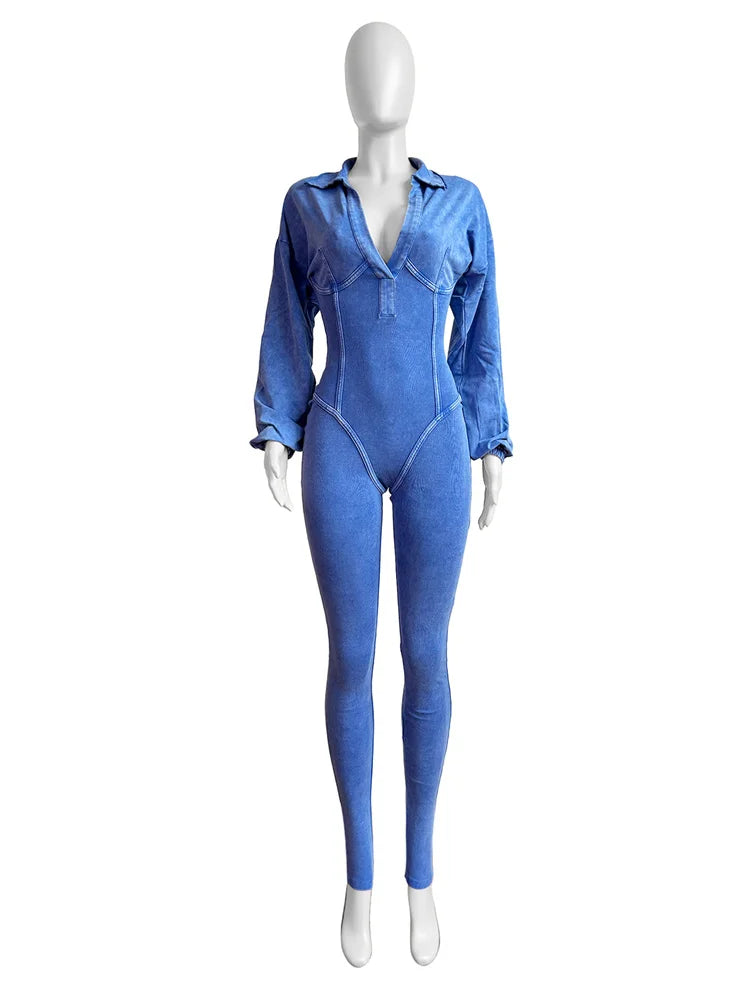 Weird Puss Washed Distressed Jumpsuit Women Ribbed V-Neck Solid SKinny Long Sleeve Fall Casual Trend Simple Activity Streetwear