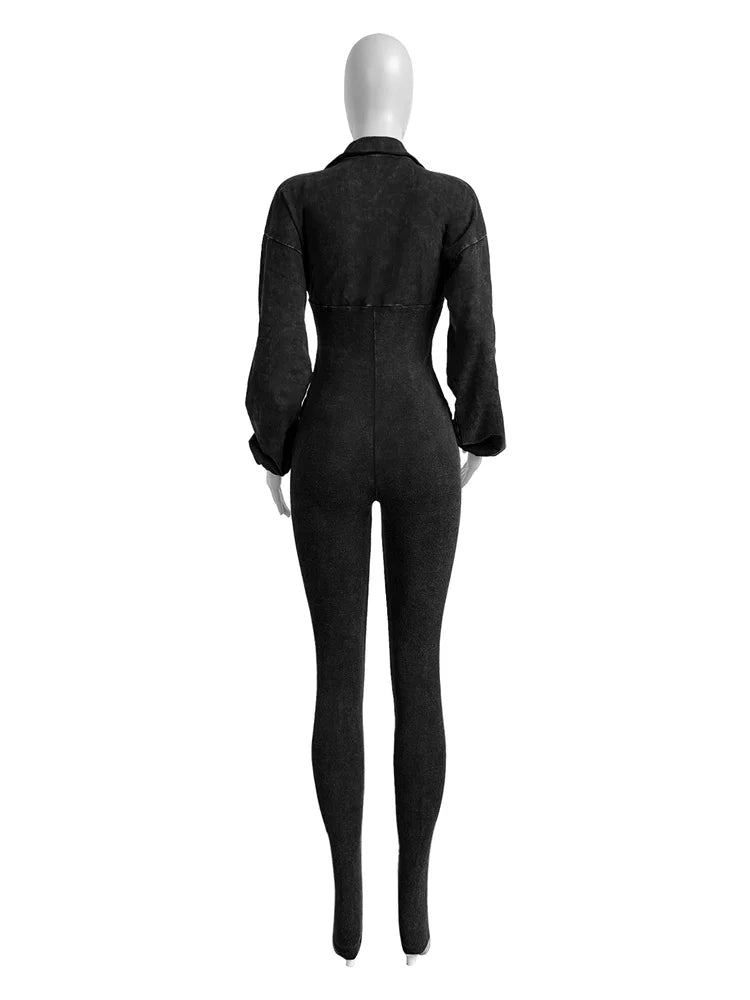 Weird Puss Washed Distressed Jumpsuit Women Ribbed V-Neck Solid SKinny Long Sleeve Fall Casual Trend Simple Activity Streetwear